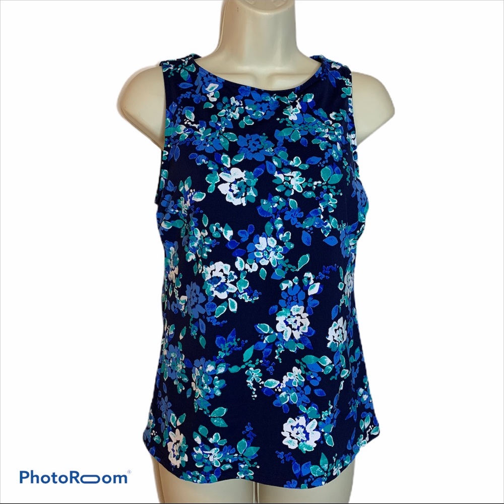Lands’ End Women’s Swimsuit Top Blue Floral Modest Swim Top
